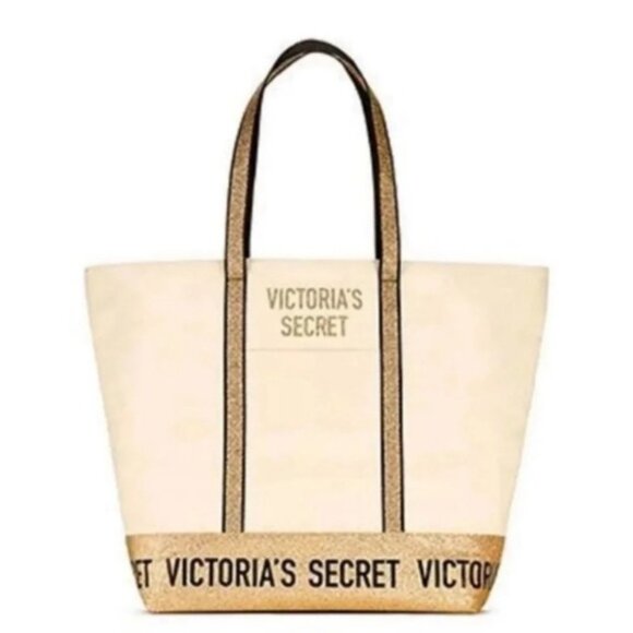 VS TOTE Canvas Bag Gold Glitter -  Zippered Top - Picture 1 of 3